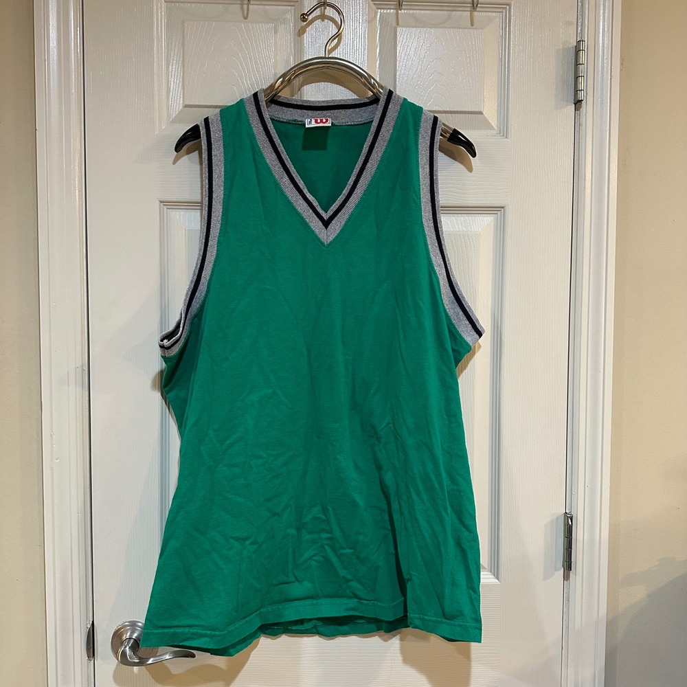 Wilson Vintage Green V-Neck Athletic Tank Top Striped Trim XXL Mens Jersey